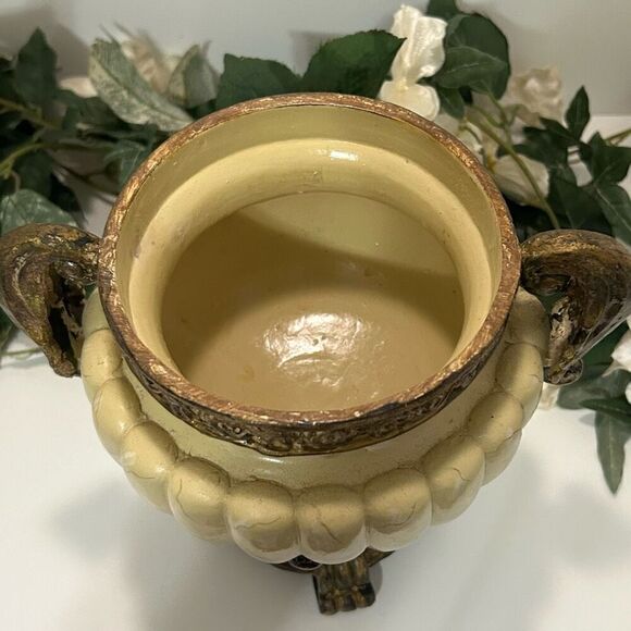 Antique Look Roman Greek Urn Planter Vase 9"x 11" Cream & Bronze Ornate With Lid - Picture 9 of 14